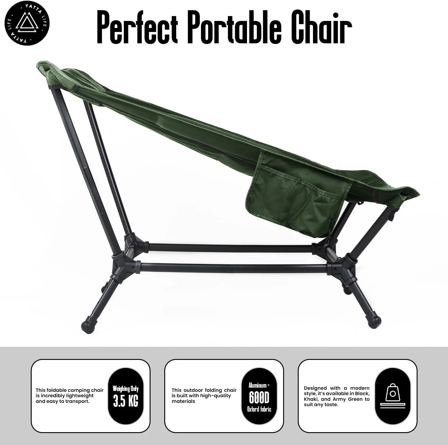 Low Back Folding Camping Chairs for Adults with Storage Pouches & Carrying Case - Foldable Lawn Chairs, Beach Chair, Fishing Chair, Portable Lightweight Outdoor Chair. (Army Green)