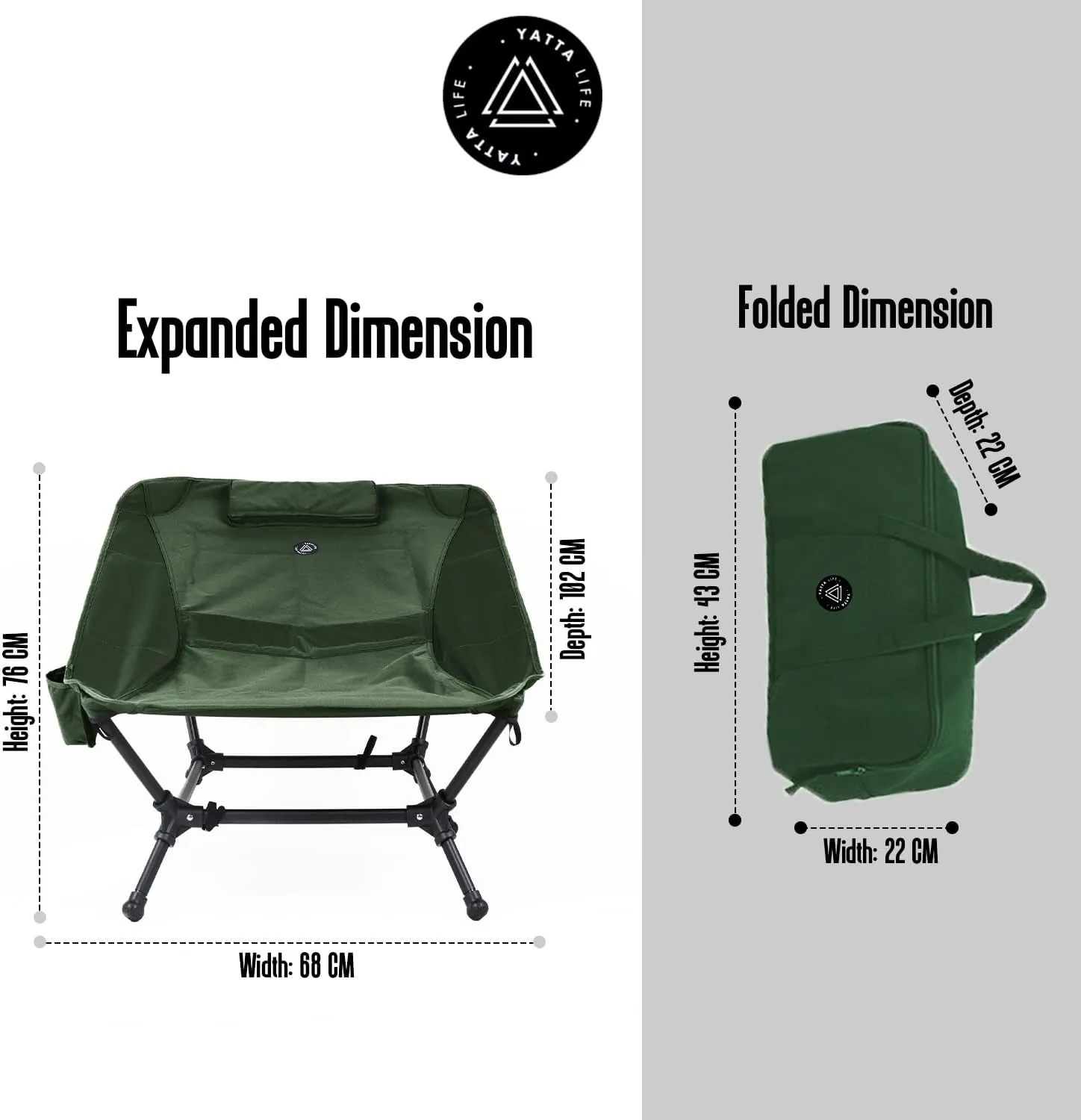 Low Back Folding Camping Chairs for Adults with Storage Pouches & Carrying Case - Foldable Lawn Chairs, Beach Chair, Fishing Chair, Portable Lightweight Outdoor Chair. (Army Green)