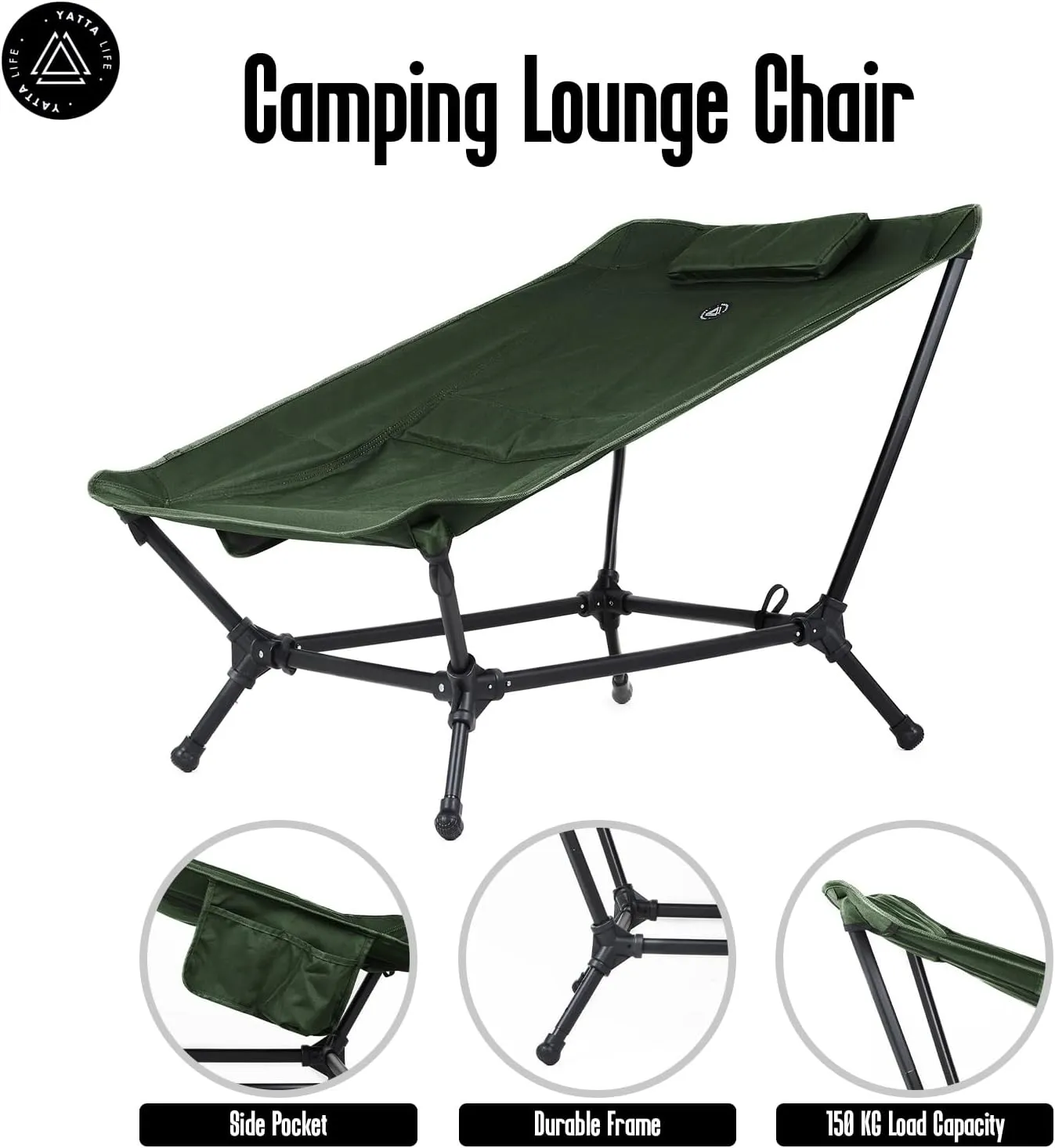 Low Back Folding Camping Chairs for Adults with Storage Pouches & Carrying Case - Foldable Lawn Chairs, Beach Chair, Fishing Chair, Portable Lightweight Outdoor Chair. (Army Green)