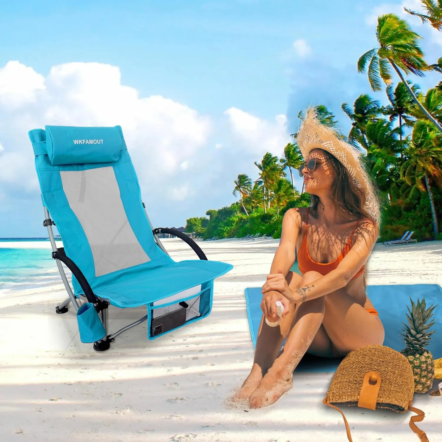 Low Folding Beach Chair 2 Pack with Footrest for Adults 265Lbs High Back Beach Chair Portable with Cup Holder Lightweight for Outdoor Sand Concert Travel Cyan