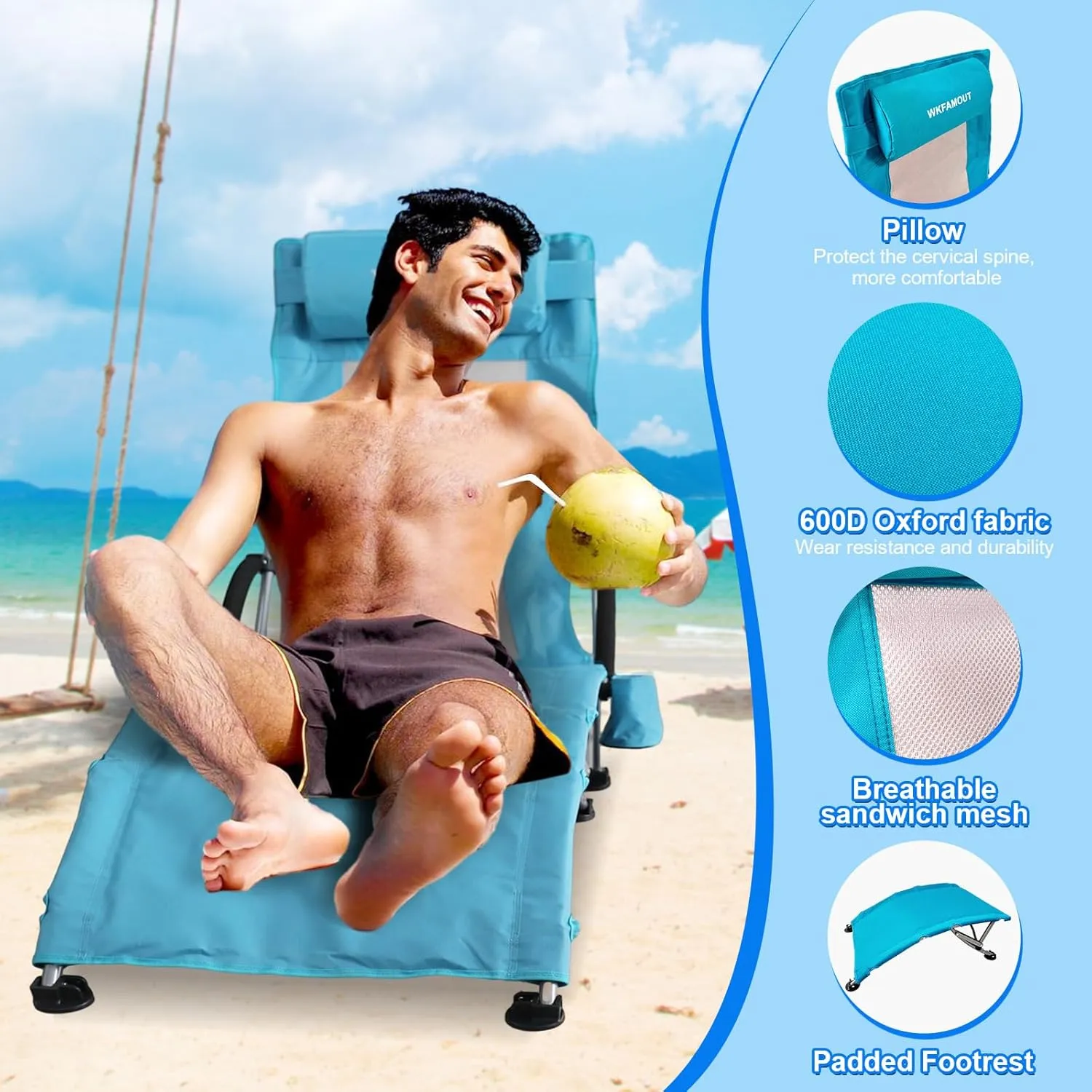 Low Folding Beach Chair 2 Pack with Footrest for Adults 265Lbs High Back Beach Chair Portable with Cup Holder Lightweight for Outdoor Sand Concert Travel Cyan
