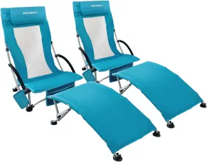 Low Folding Beach Chair 2 Pack with Footrest for Adults 265Lbs High Back Beach Chair Portable with Cup Holder Lightweight for Outdoor Sand Concert Travel Cyan
