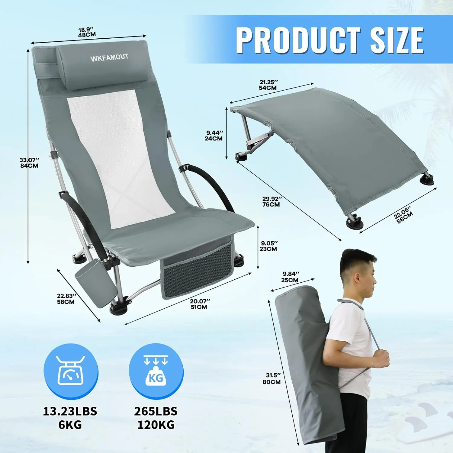 Low Folding Beach Chair 2 Pack with Footrest for Adults 265Lbs High Back Beach Chair Portable with Cup Holder Lightweight for Outdoor Sand Concert Travel Grey