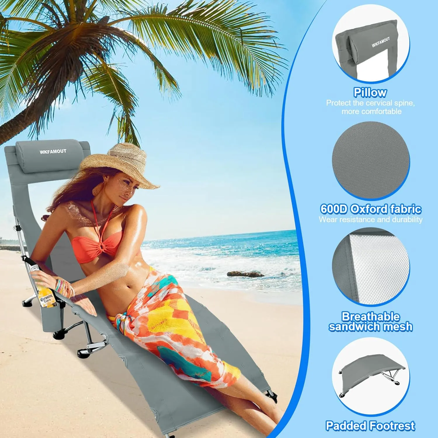 Low Folding Beach Chair 2 Pack with Footrest for Adults 265Lbs High Back Beach Chair Portable with Cup Holder Lightweight for Outdoor Sand Concert Travel Grey