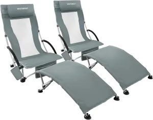 Low Folding Beach Chair 2 Pack with Footrest for Adults 265Lbs High Back Beach Chair Portable with Cup Holder Lightweight for Outdoor Sand Concert Travel Grey