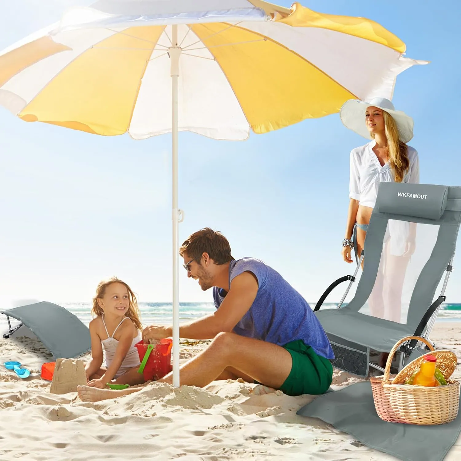 Low Folding Beach Chair 2 Pack with Footrest for Adults 265Lbs High Back Beach Chair Portable with Cup Holder Lightweight for Outdoor Sand Concert Travel Grey