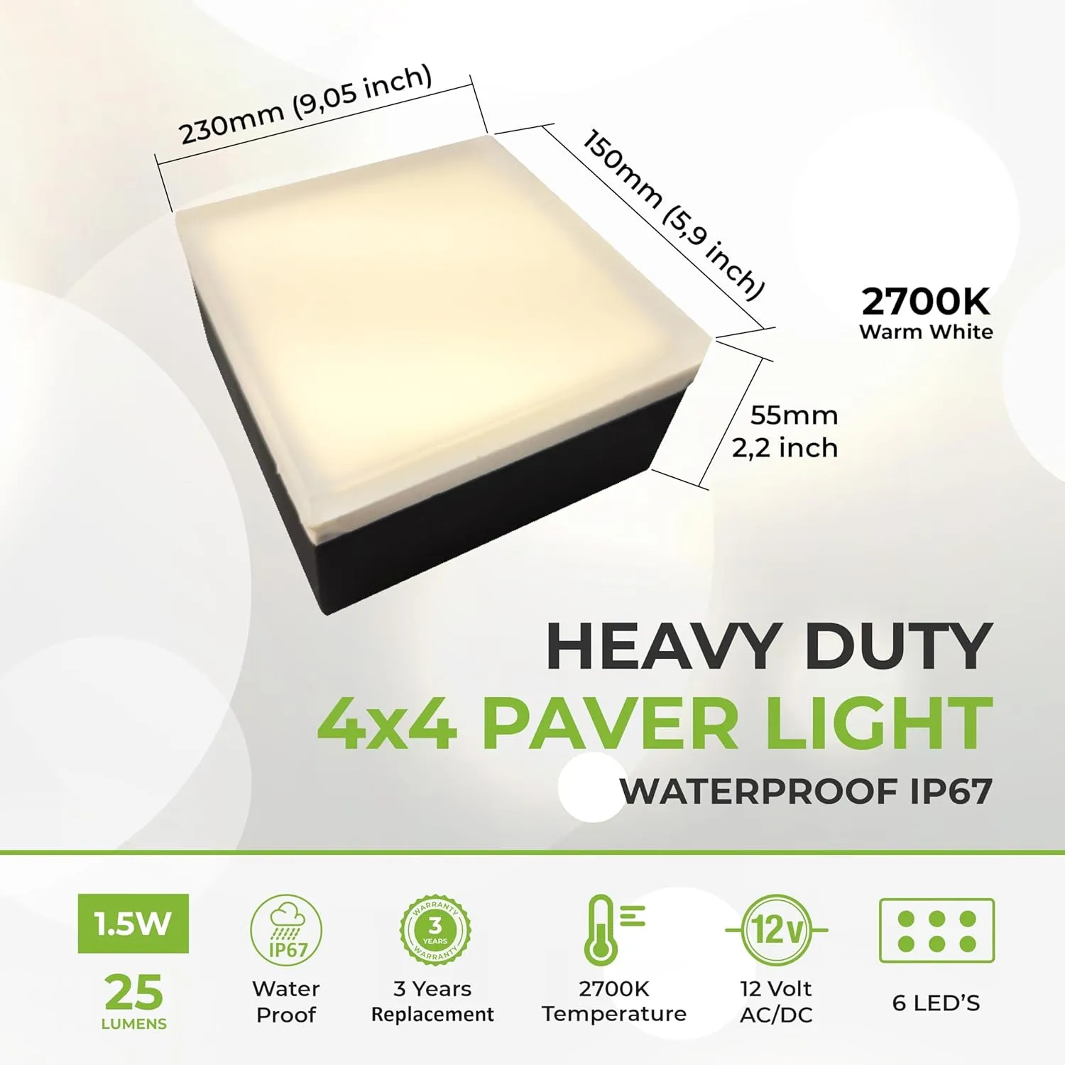 LUMENGY Paver Light 4×4 Inch (3.93 X 3.93 inch), Warm White 2700K Glare-Free Illumination for Driveways, Pathways, Pool Deck & Patios,12V AC/DC, Waterproof & Drive-Over Rated