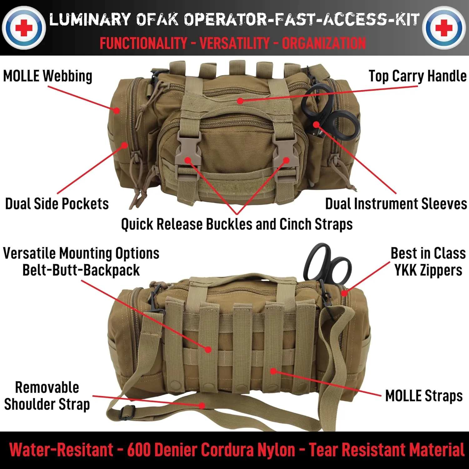 Luminary OFAK Operator-Fast-Access-Kit Stocked First Aid Kit Grab & Go Bag for Home Range Vehicle Tactical Vest or Duty Belt (Coyote Tan)