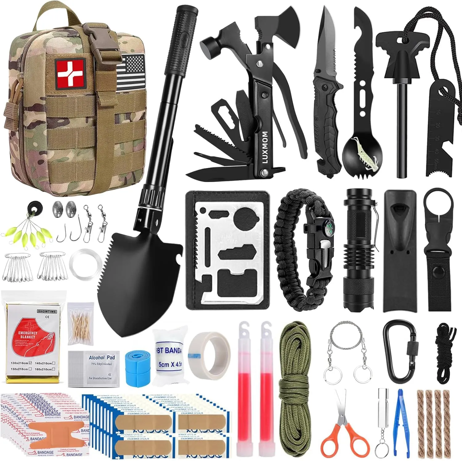 LUXMOM Survival Kit and First Aid Kit, 142Pcs Professional Survival Gear and Equipment with Molle Pouch, for Men Camping Outdoor Adventure/Gifts for Men Dad Christmas