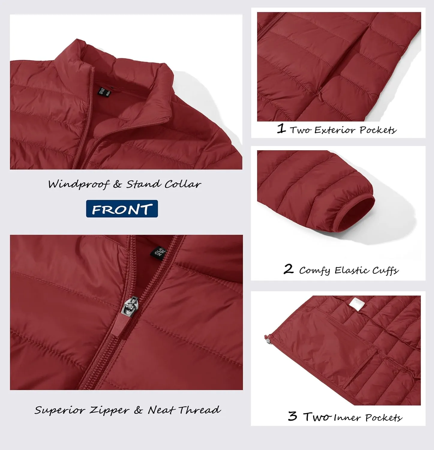 MAGCOMSEN Women's Puffer Jacket Lightweight Quilted Padded 4 Pockets Zip-up Stand-collar Winter Fleece Coat