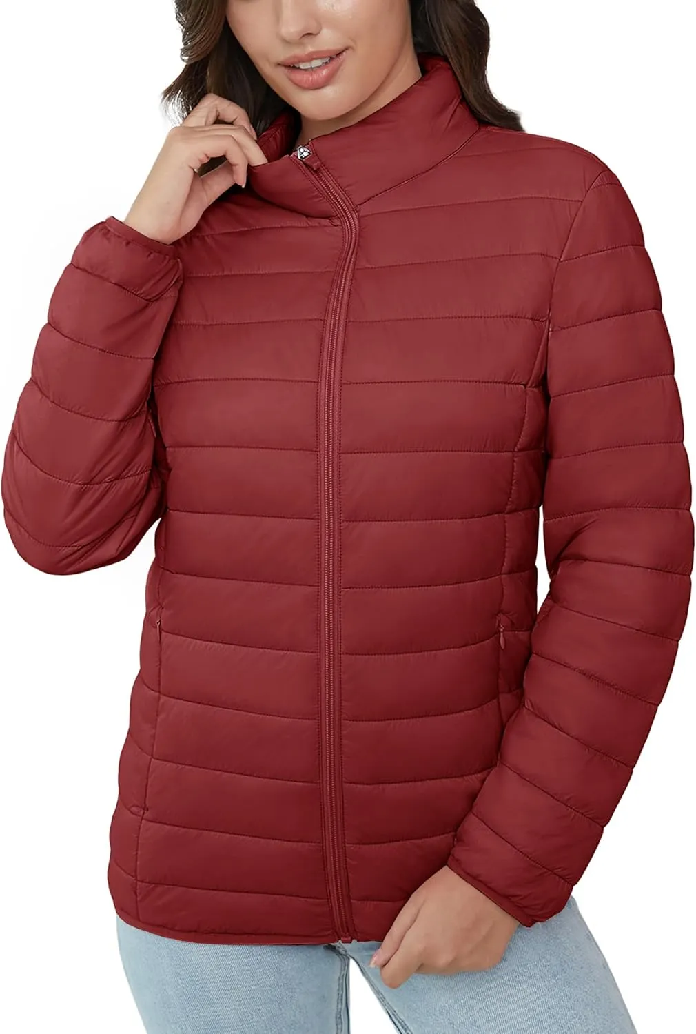 MAGCOMSEN Women's Puffer Jacket Lightweight Quilted Padded 4 Pockets Zip-up Stand-collar Winter Fleece Coat