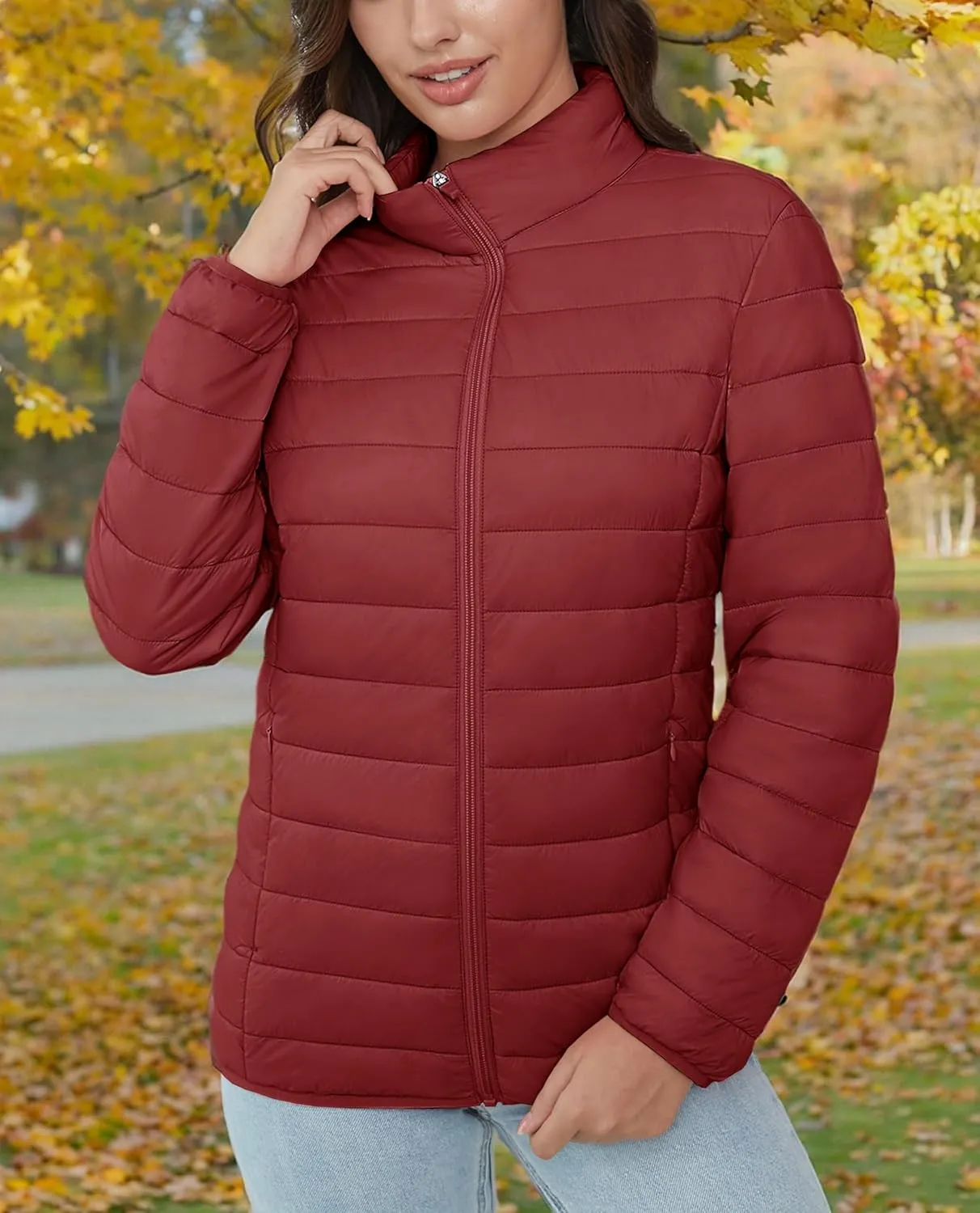 MAGCOMSEN Women's Puffer Jacket Lightweight Quilted Padded 4 Pockets Zip-up Stand-collar Winter Fleece Coat
