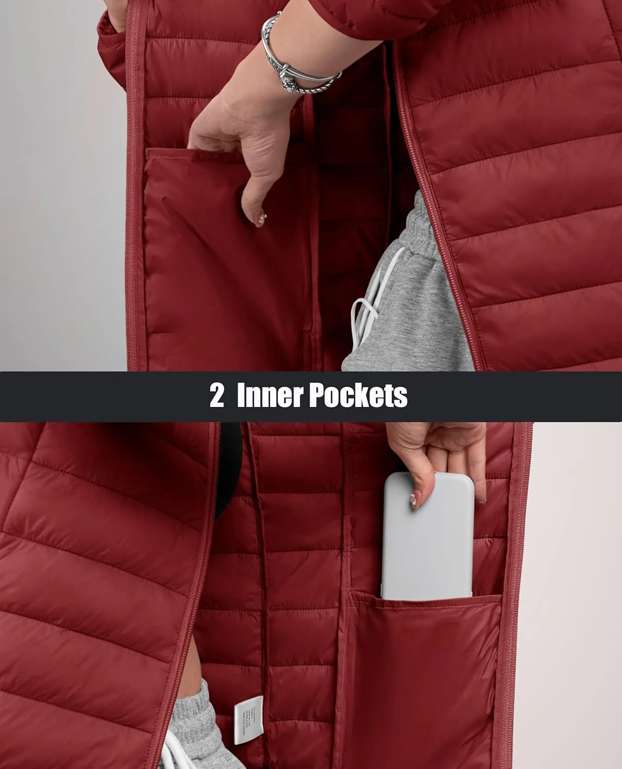 MAGCOMSEN Women's Puffer Jacket Lightweight Quilted Padded 4 Pockets Zip-up Stand-collar Winter Fleece Coat