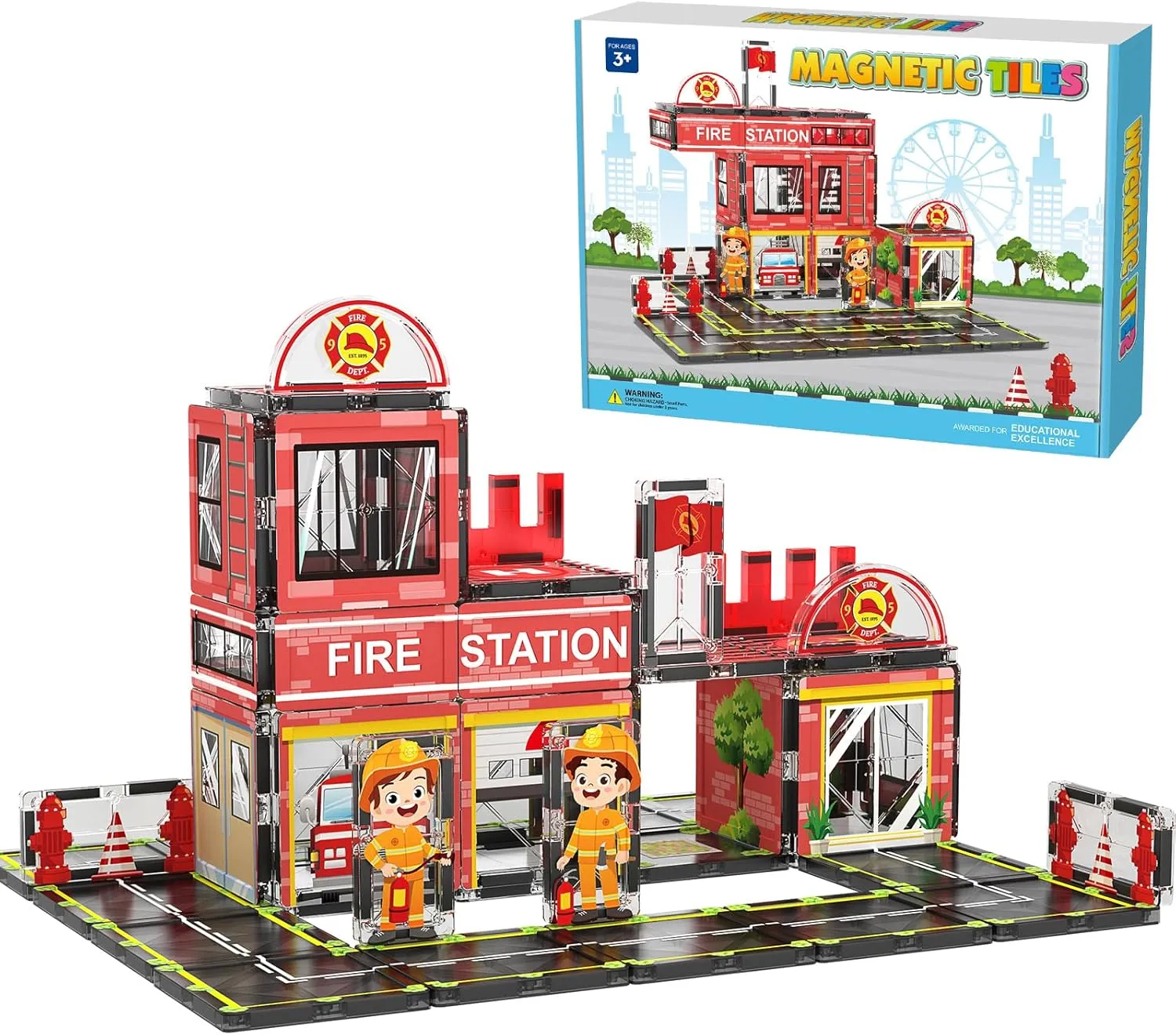 Magnetic Tiles, 50PCS Fire Station Theme Building Blocks Set, Magnet Building Blocks and STEM Preschool Toys for Toddlers Kids Ages 3-5 5-7 8-10