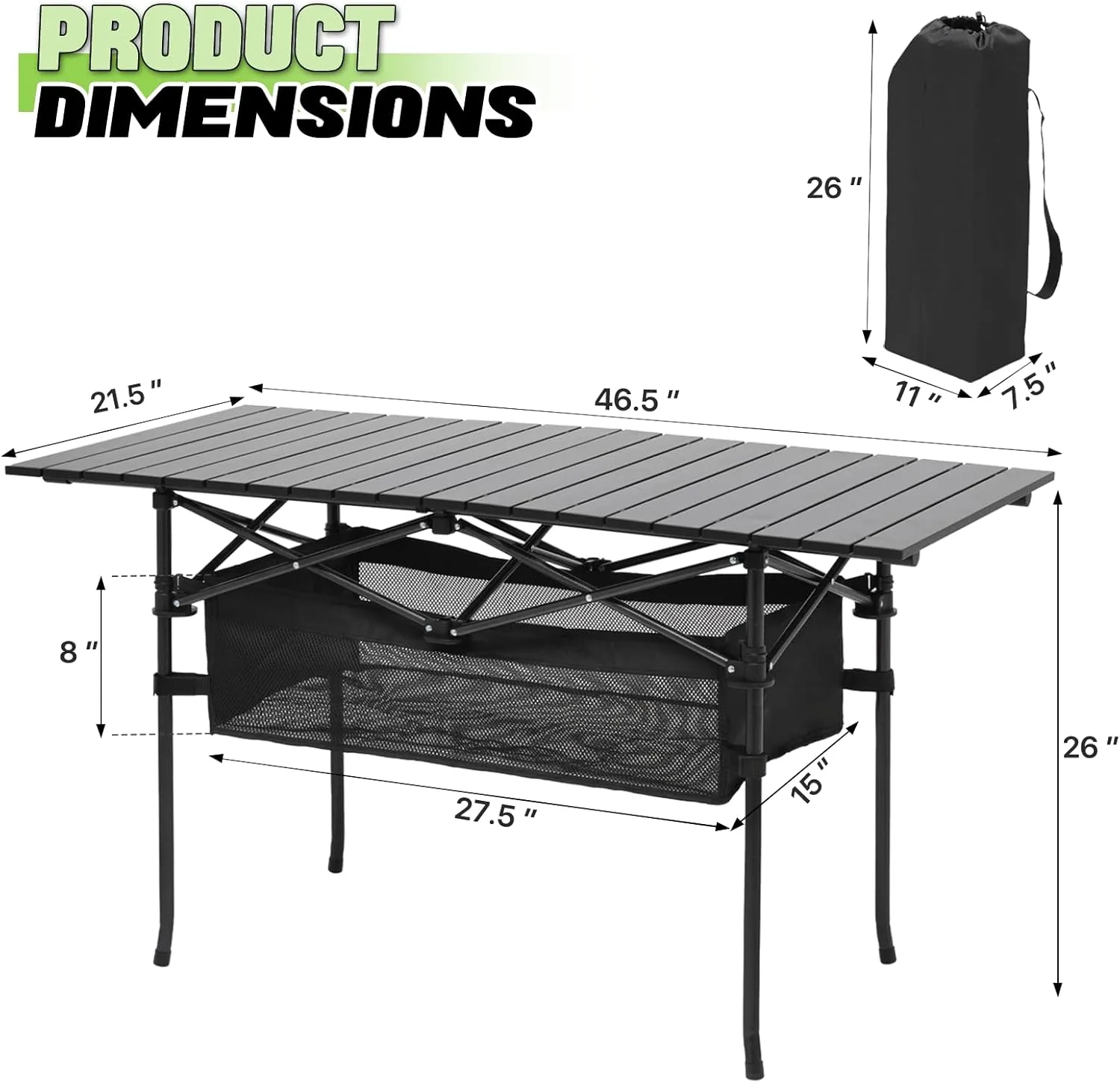 Magshion 47" Folding Camping Table with Large Storage Basket & with Carry Bag, Aluminum Picnic Table for Indoor Outdoor Camping Backyard BBQ Use, Black