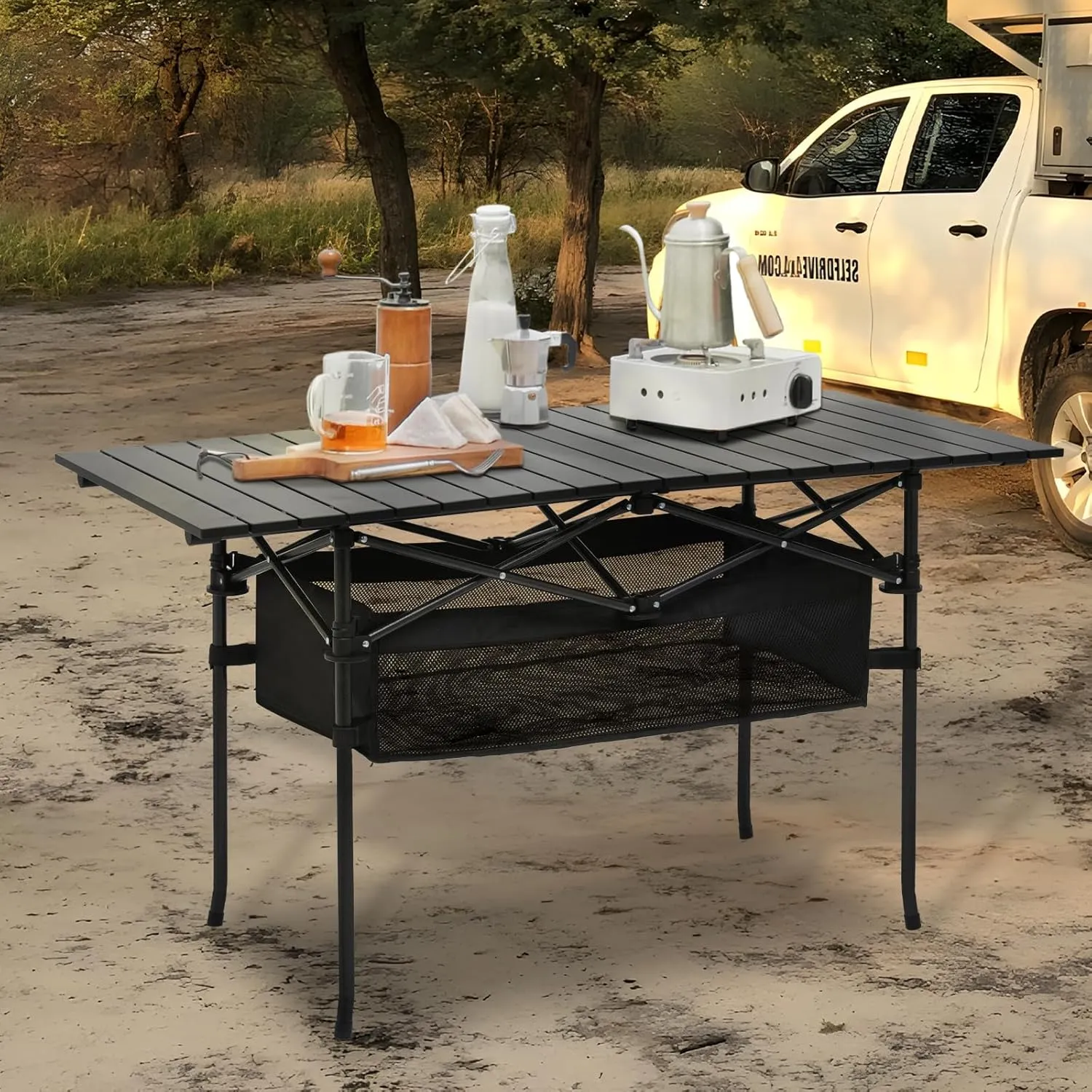 Magshion 47" Folding Camping Table with Large Storage Basket & with Carry Bag, Aluminum Picnic Table for Indoor Outdoor Camping Backyard BBQ Use, Black