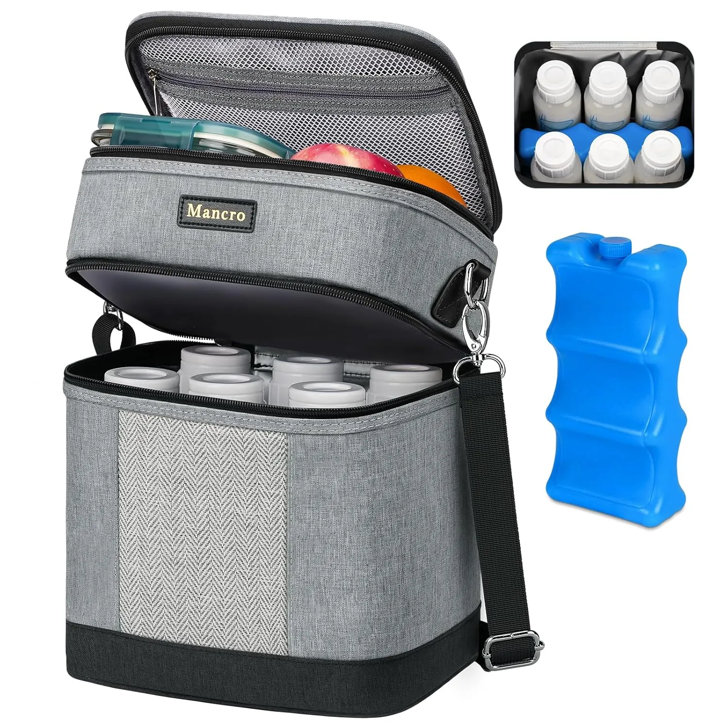 Mancro Breast Milk Cooler Bag for Travel with Ice Pack, Double Layer Insulated Baby Bottle Bag with Shoulder Strap for Daycare and Nursing Moms,Fit 6 Baby Bottles up to 9 Ounces, Grey