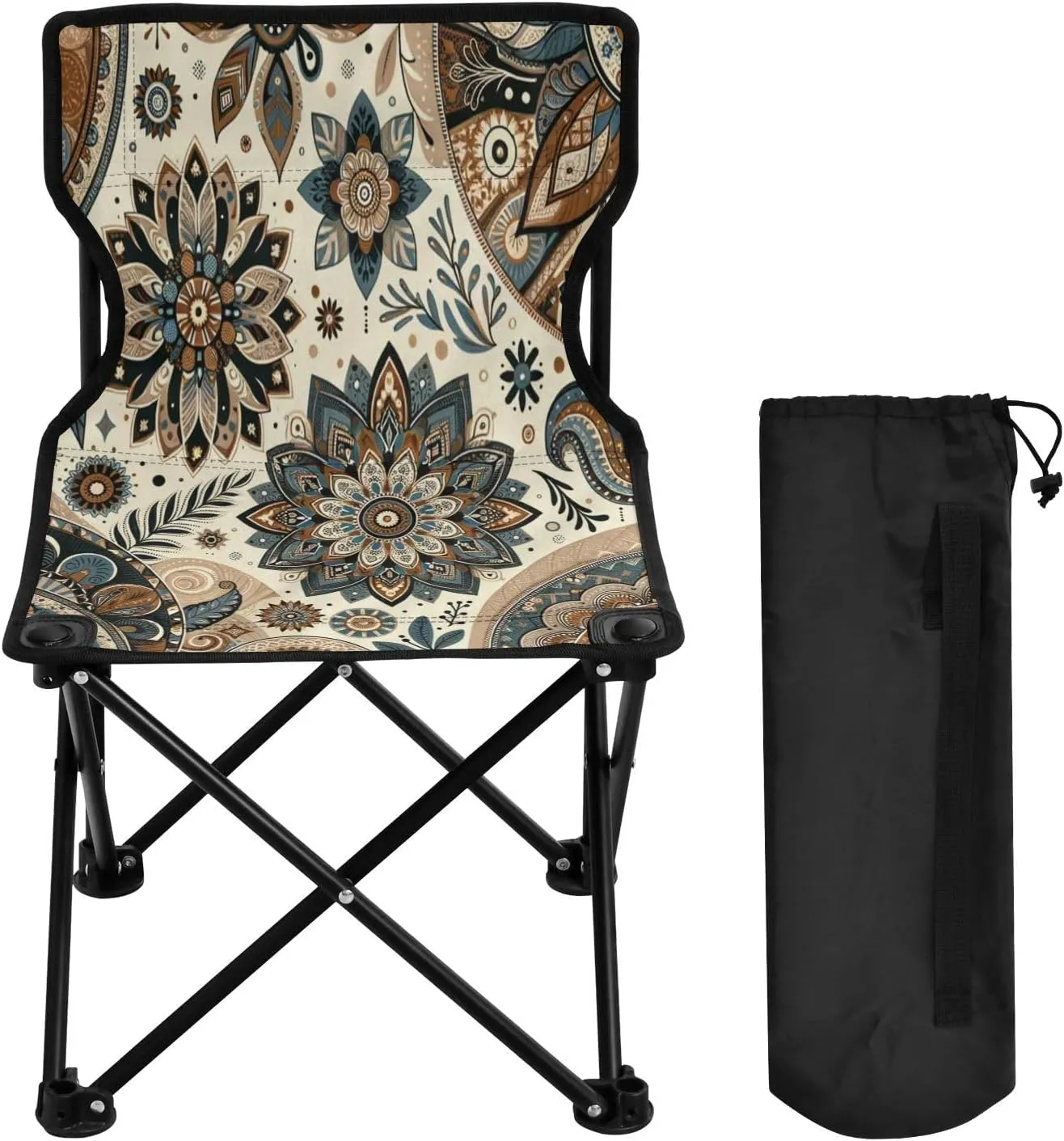 Mandala Flower Texture Portable Outdoor Folding Chair Anti-Slip Padded Oxford Cloth Stool Camping Chair Small for Beach Hiking Fishing Gardening Quad Camp Chair