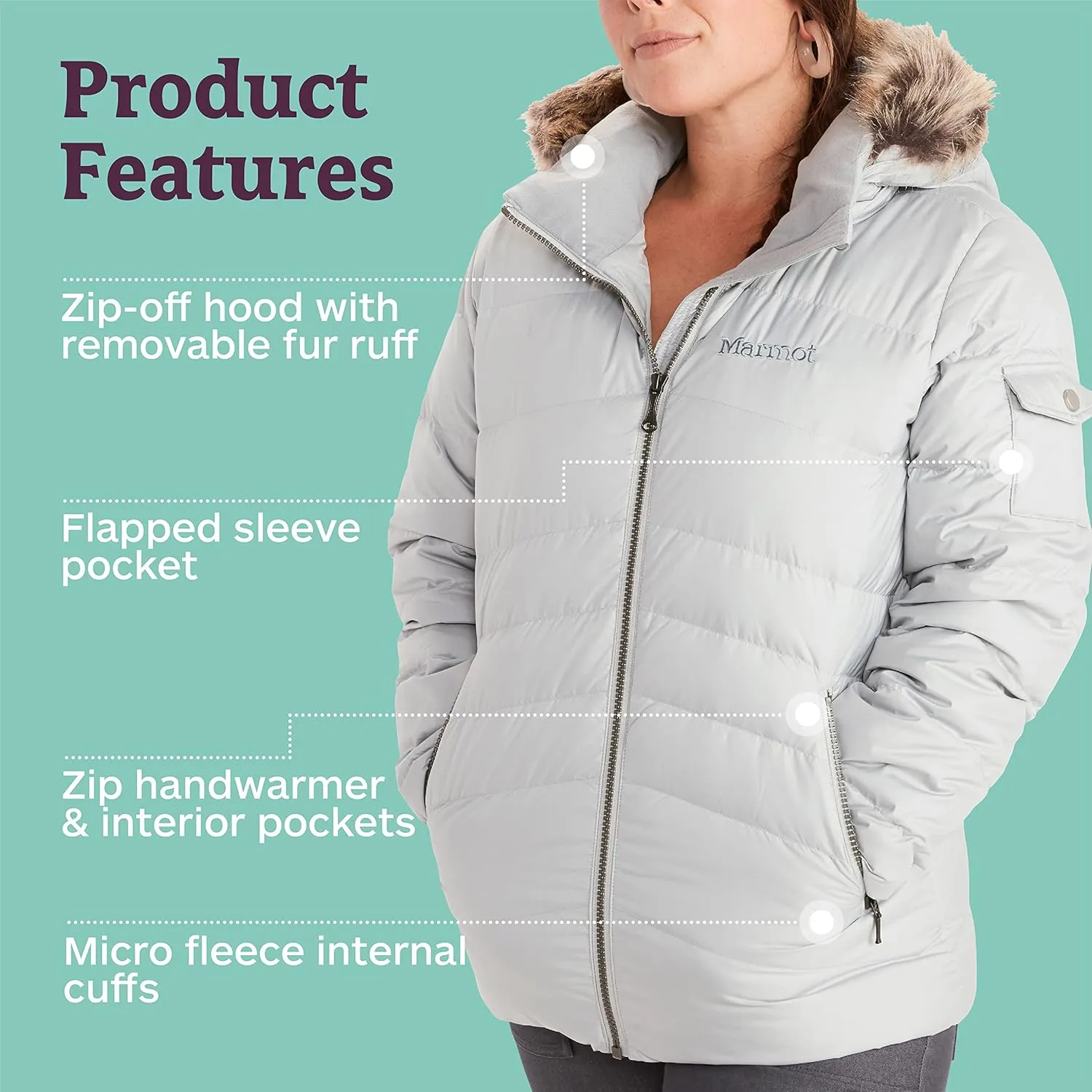 MARMOT Women's Ithaca Jacket - 700-Fill Down-Insulated, Water-Resistant Coat with Zip-Off Hood and Removable Fur Ruff