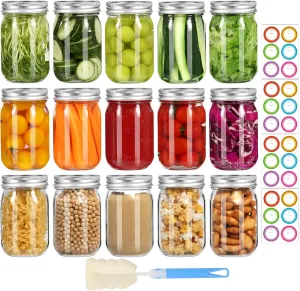 Mason Jars 16 oz with Lids and Bands, 15 Pack Regular Mouth Canning Jars, Clear Glass Jars for Canning, Food Storage and Fermenting, Labels & Brusher Included - Microwave & Dishwasher Safe