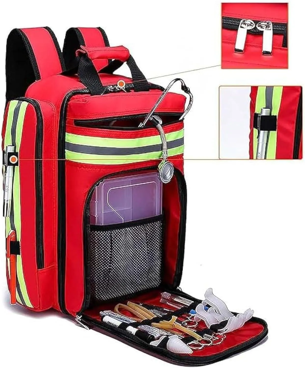 Medical First Aid Backpack, Waterproof Multi-Pocket Emergency Treatment Kit for Hiking, Travel, and Field Trips - Durable, Reflective, Adjustable Shoulder Strap (Blue)(Red)