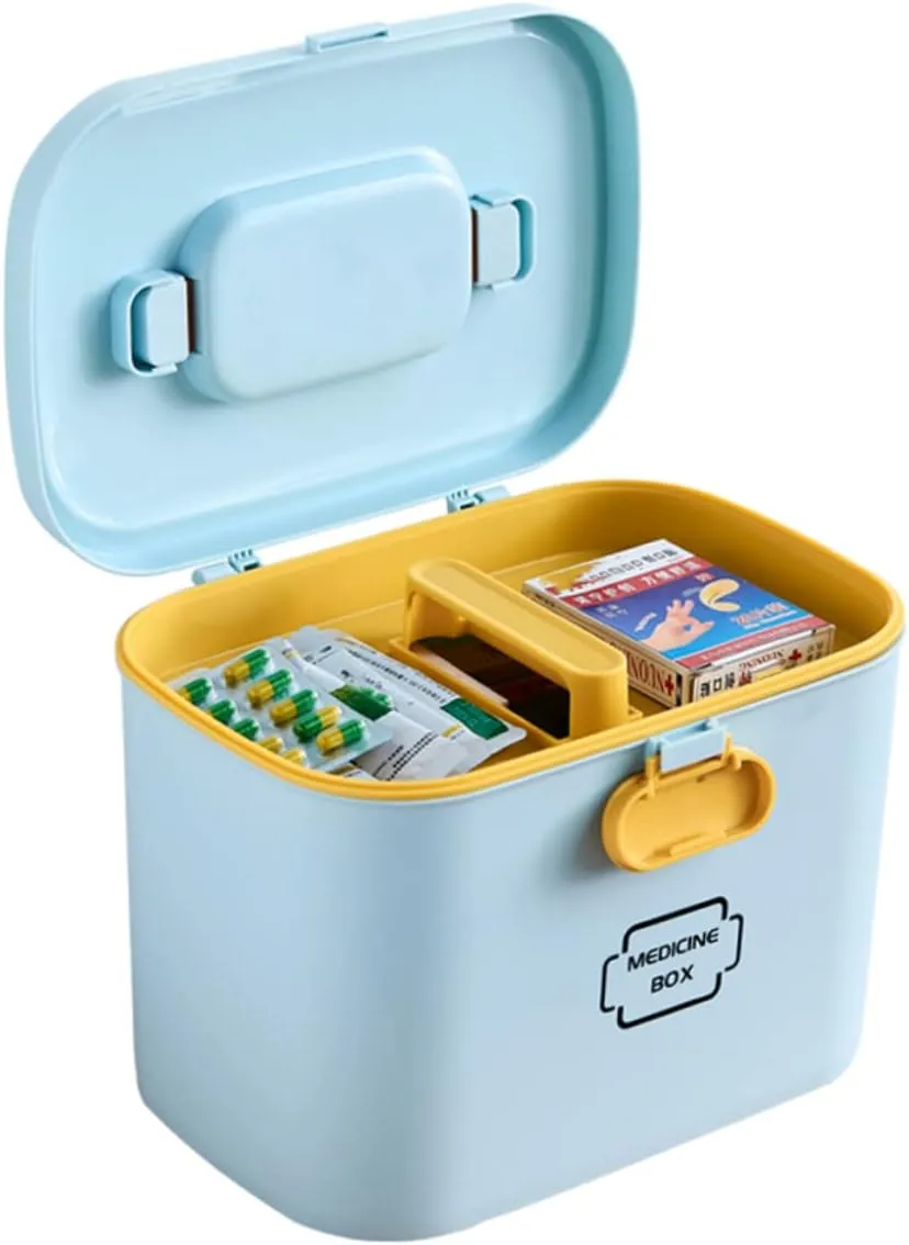 Medication Box Handle Travel Medicine Organizer First Aid Container Storage Case Compact Medicine Storage Organizer (Blue)