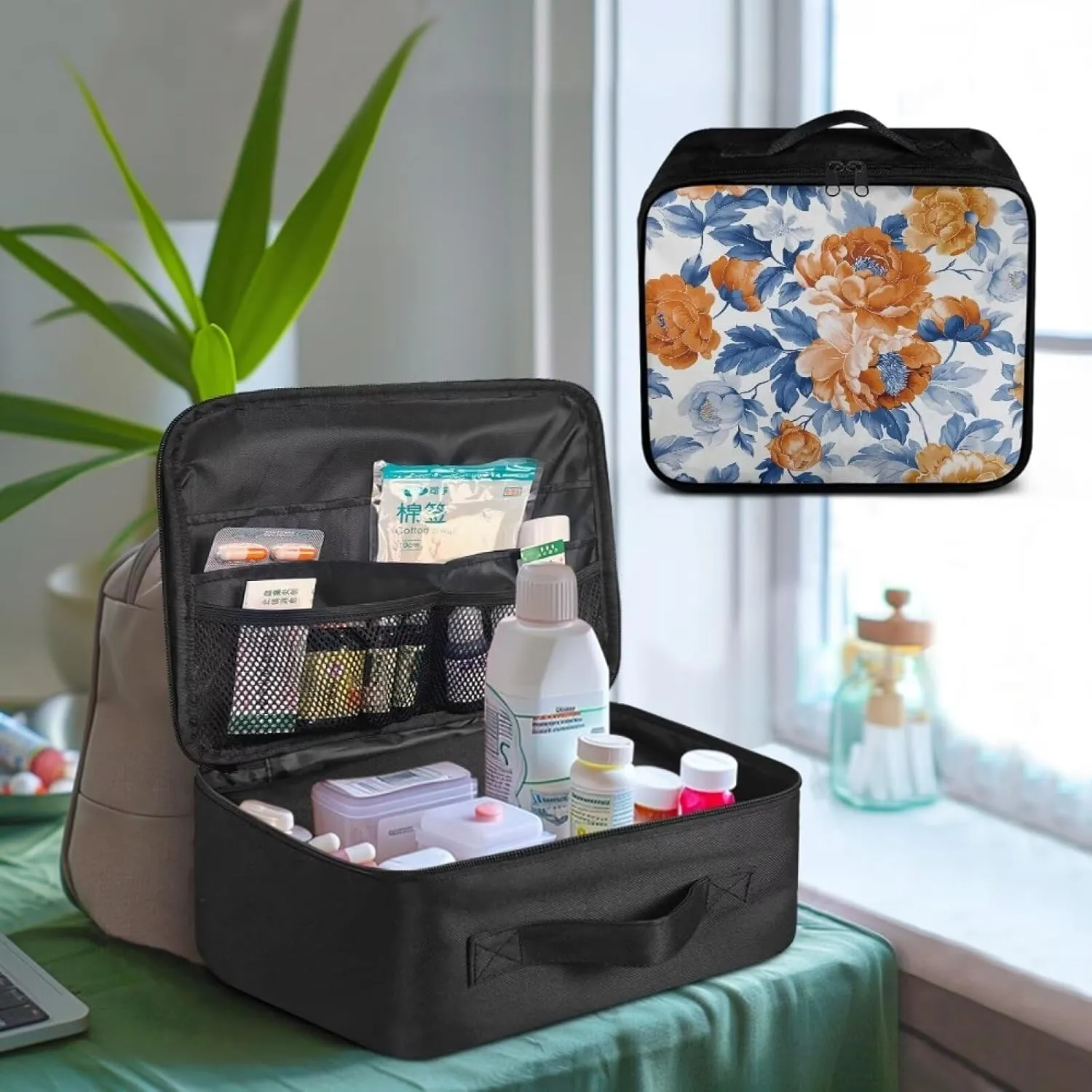 Medium Size First Aid Bag Empty Orange Floral Emergency Medical Bag Empty Trauma Kit Organizer Bag for Hiking Camping Car Travel Home Office Outdoor First Aid Kit Pouch