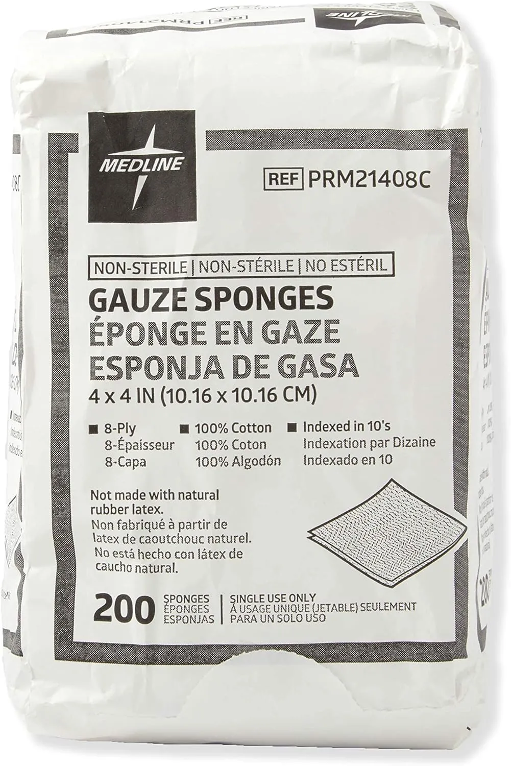 Medline Non-Sterile Cotton Woven Gauze Sponges, 8 Ply, Ideal for Wound Dressing and Cleaning, Case of 4000