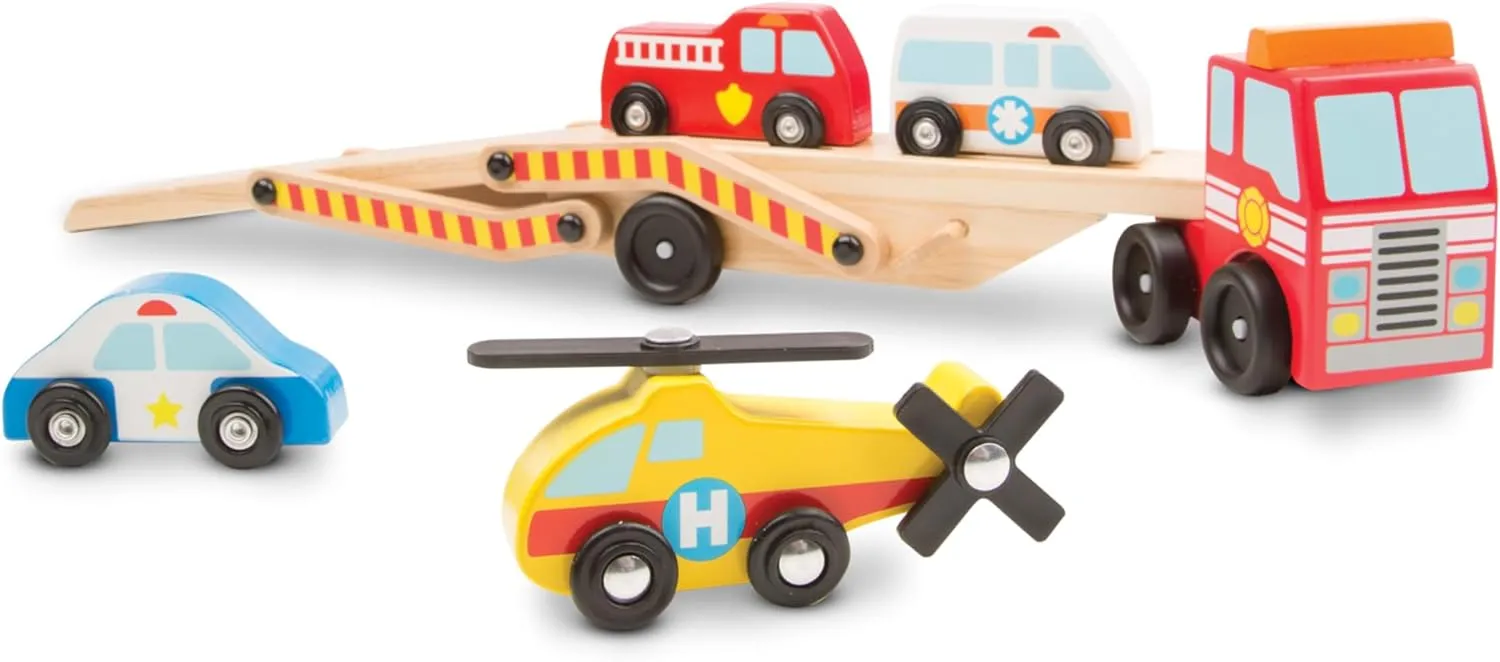 Melissa & Doug Wooden Emergency Vehicle Carrier Truck With 1 Truck and 4 Rescue Vehicles