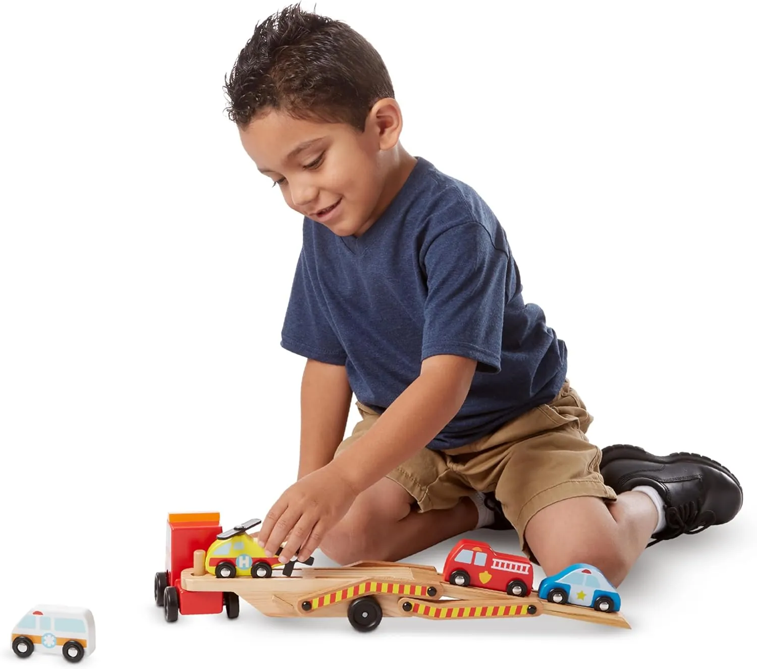 Melissa & Doug Wooden Emergency Vehicle Carrier Truck With 1 Truck and 4 Rescue Vehicles