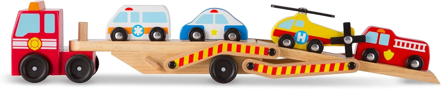 Melissa & Doug Wooden Emergency Vehicle Carrier Truck With 1 Truck and 4 Rescue Vehicles