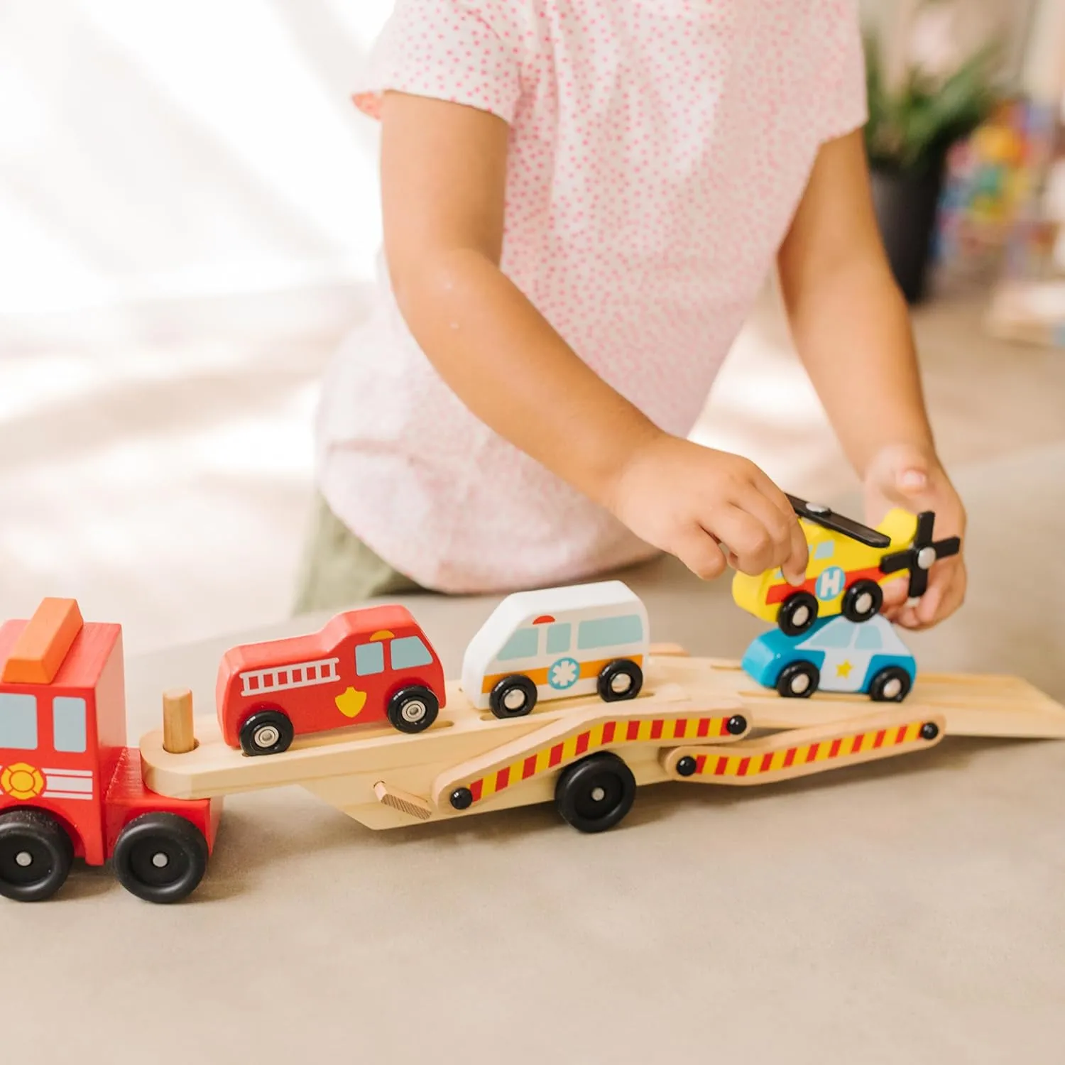 Melissa & Doug Wooden Emergency Vehicle Carrier Truck With 1 Truck and 4 Rescue Vehicles