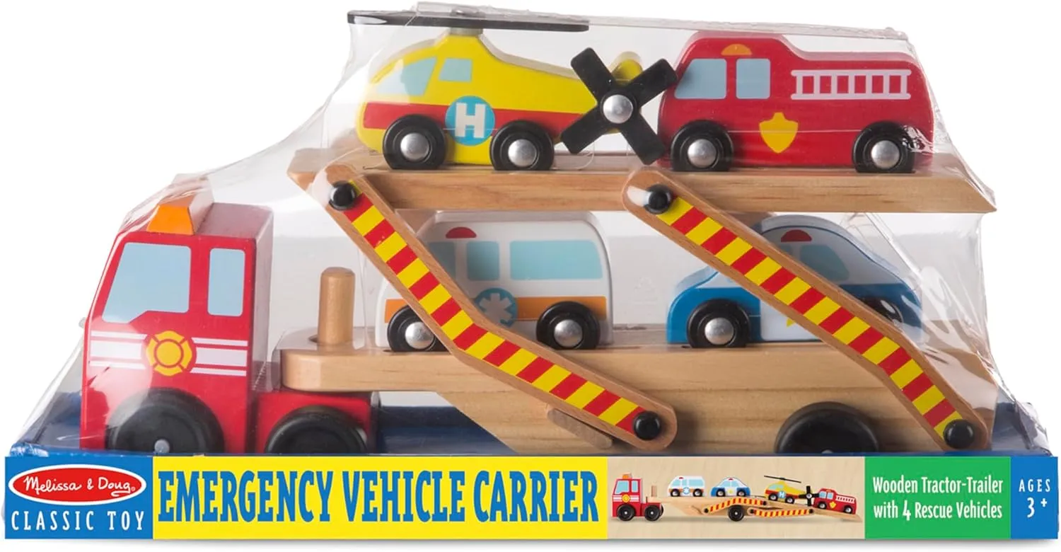 Melissa & Doug Wooden Emergency Vehicle Carrier Truck With 1 Truck and 4 Rescue Vehicles