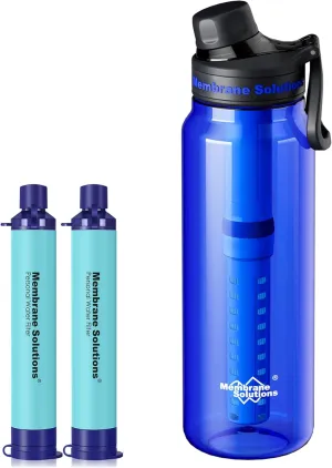 Membrane Solutions 36oz C3 ACF UF Filtered Water Bottle with 2 Packs Outdoor Water Filter Straw