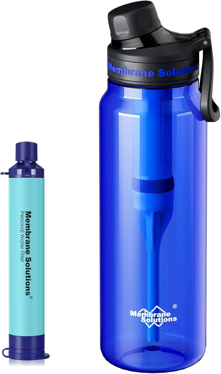 Membrane Solutions 36oz C3 ACFX2 Filtered Water Bottle with 1 Packs Outdoor Water Filter Straw