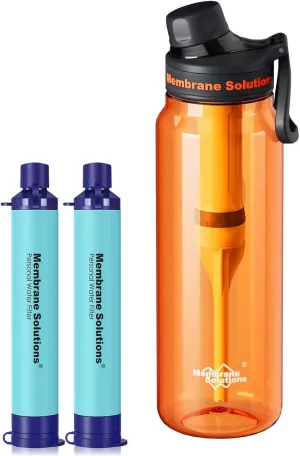 Membrane Solutions 36oz C3 ACFX2 Filtered Water Bottle with 2 Packs Outdoor Water Filter Straw