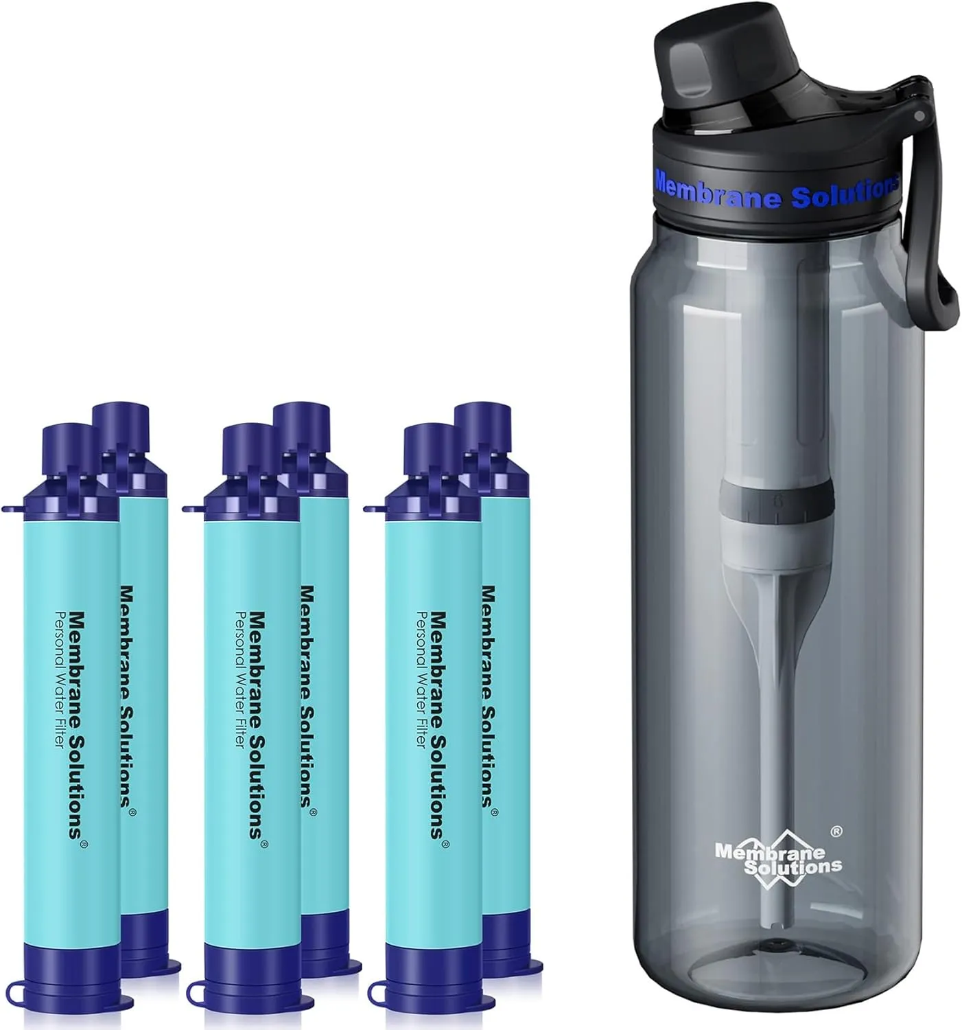 Membrane Solutions 36oz C3 ACFX2 Filtered Water Bottle with 6 Packs Outdoor Water Filter Straw