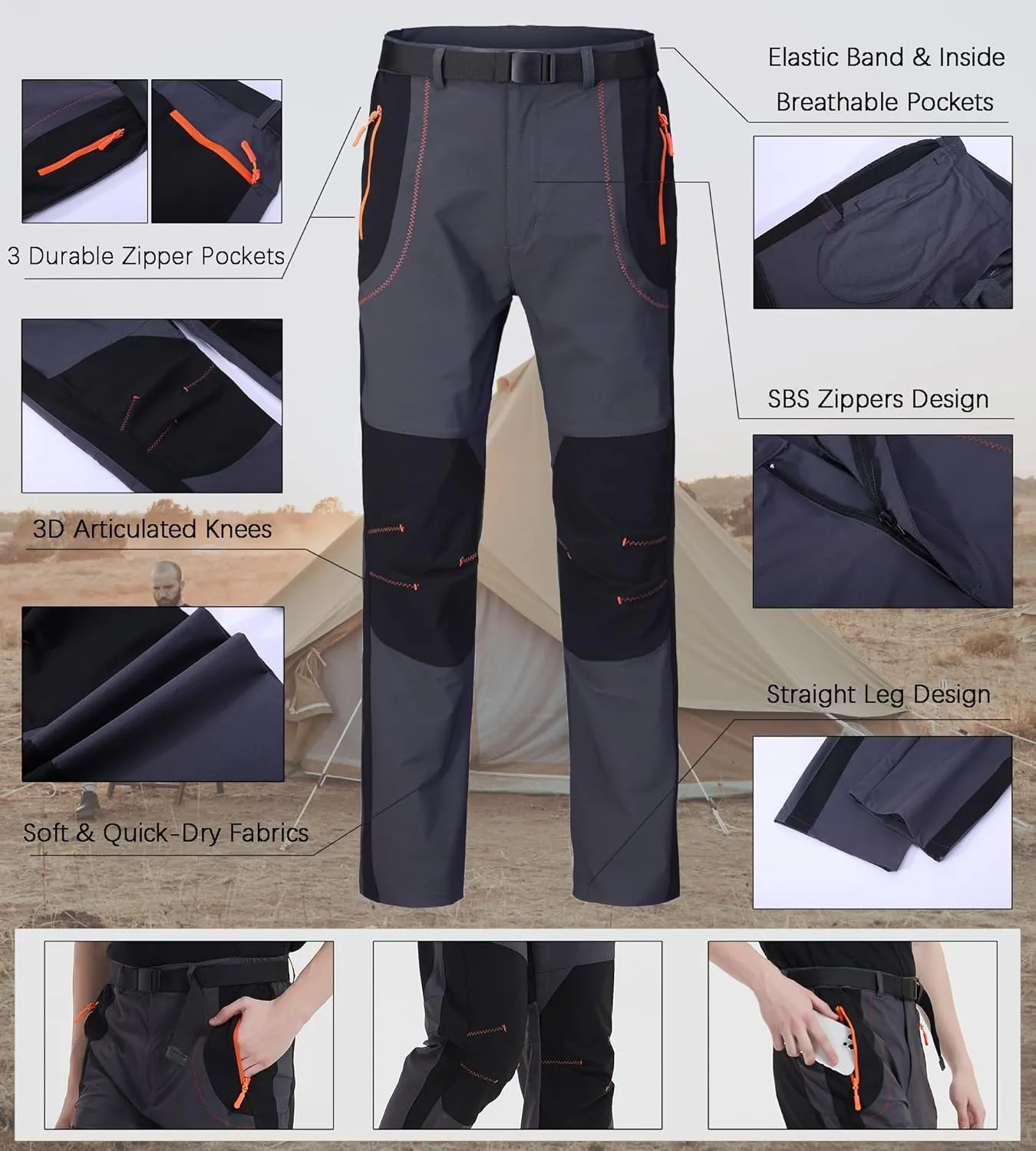Men's Hiking Cargo Pants Quick-Dry Outdoor Water Resistant Lightweight Mountain Breathable Zipper Pocket Work Pants