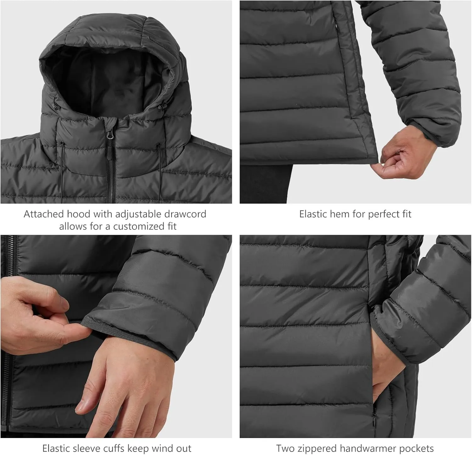 Men’s Lightweight Puffer Hooded Jacket Water Resistant Full Zip Insulated Warm Winter Coats