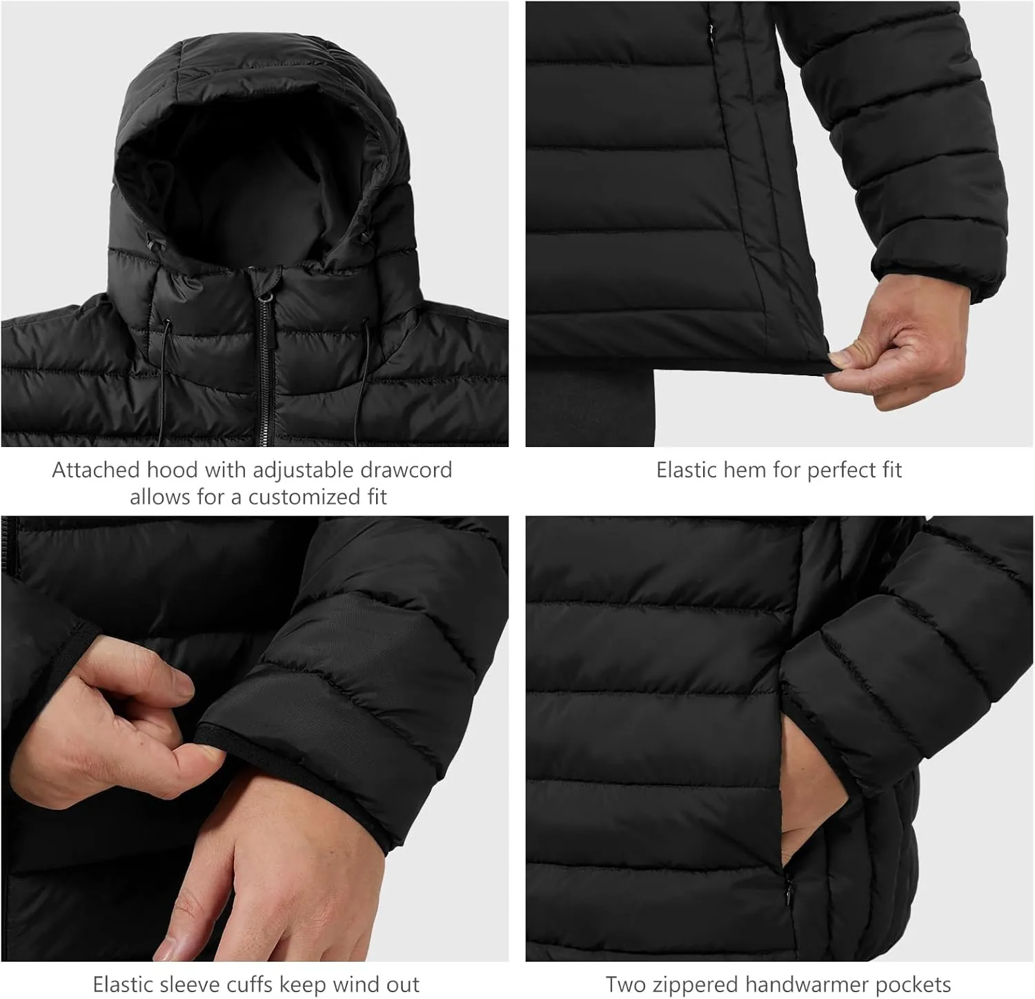 Men’s Lightweight Puffer Hooded Jacket Water Resistant Full Zip Insulated Warm Winter Coats