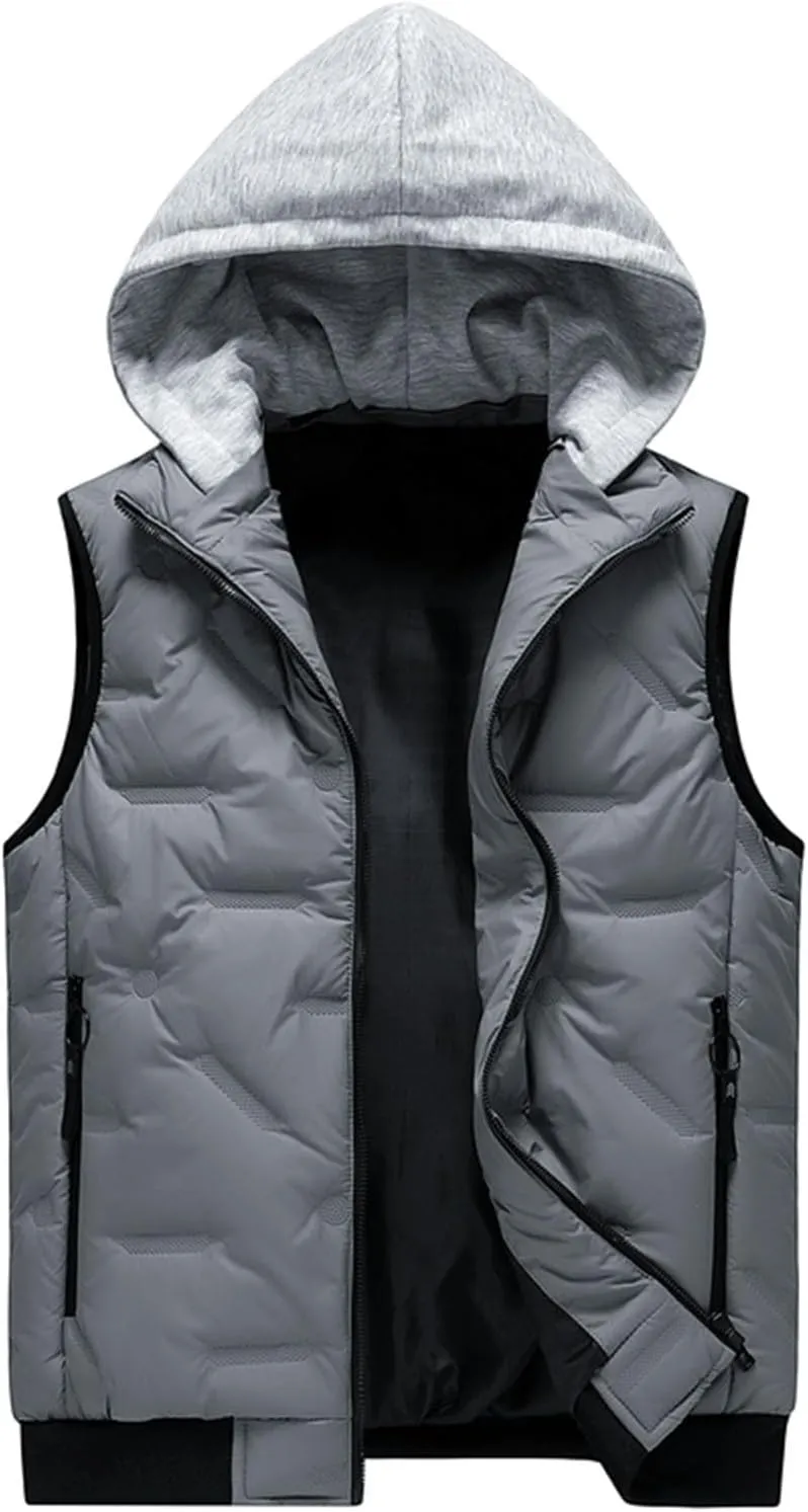Men's Outdoor Casual Stand Collar Padded Vest Coat with Hood Sports Travel Waterproof Warm Winter Thicken Jacket