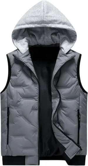 Men's Outdoor Casual Stand Collar Padded Vest Coat with Hood Sports Travel Waterproof Warm Winter Thicken Jacket