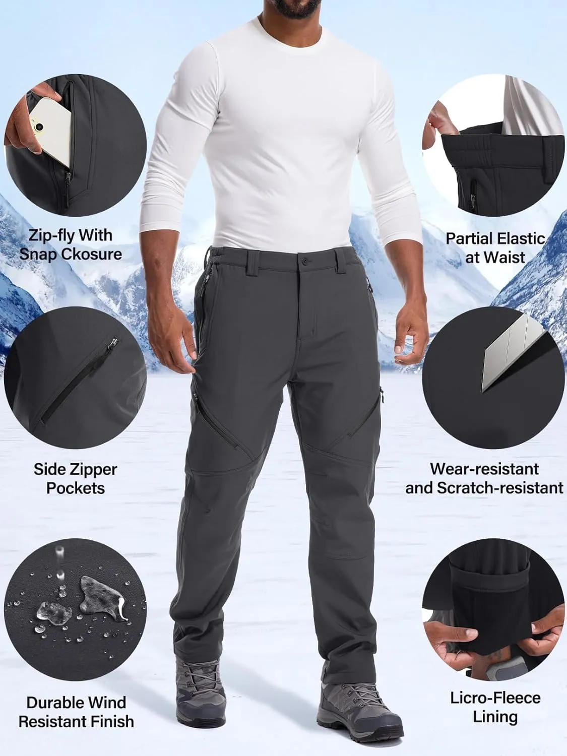 Men's Snow Ski Waterproof Fleece Lined Pants Winter Insulated Outdoor Hiking Mountain Softshell