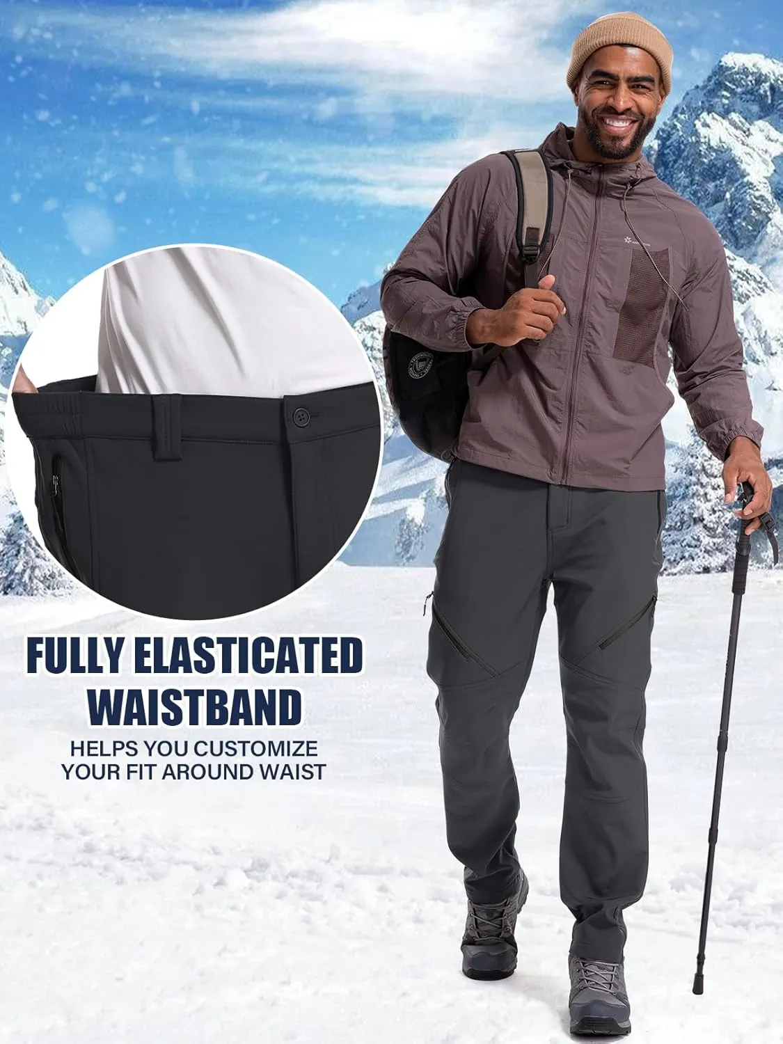 Men's Snow Ski Waterproof Fleece Lined Pants Winter Insulated Outdoor Hiking Mountain Softshell