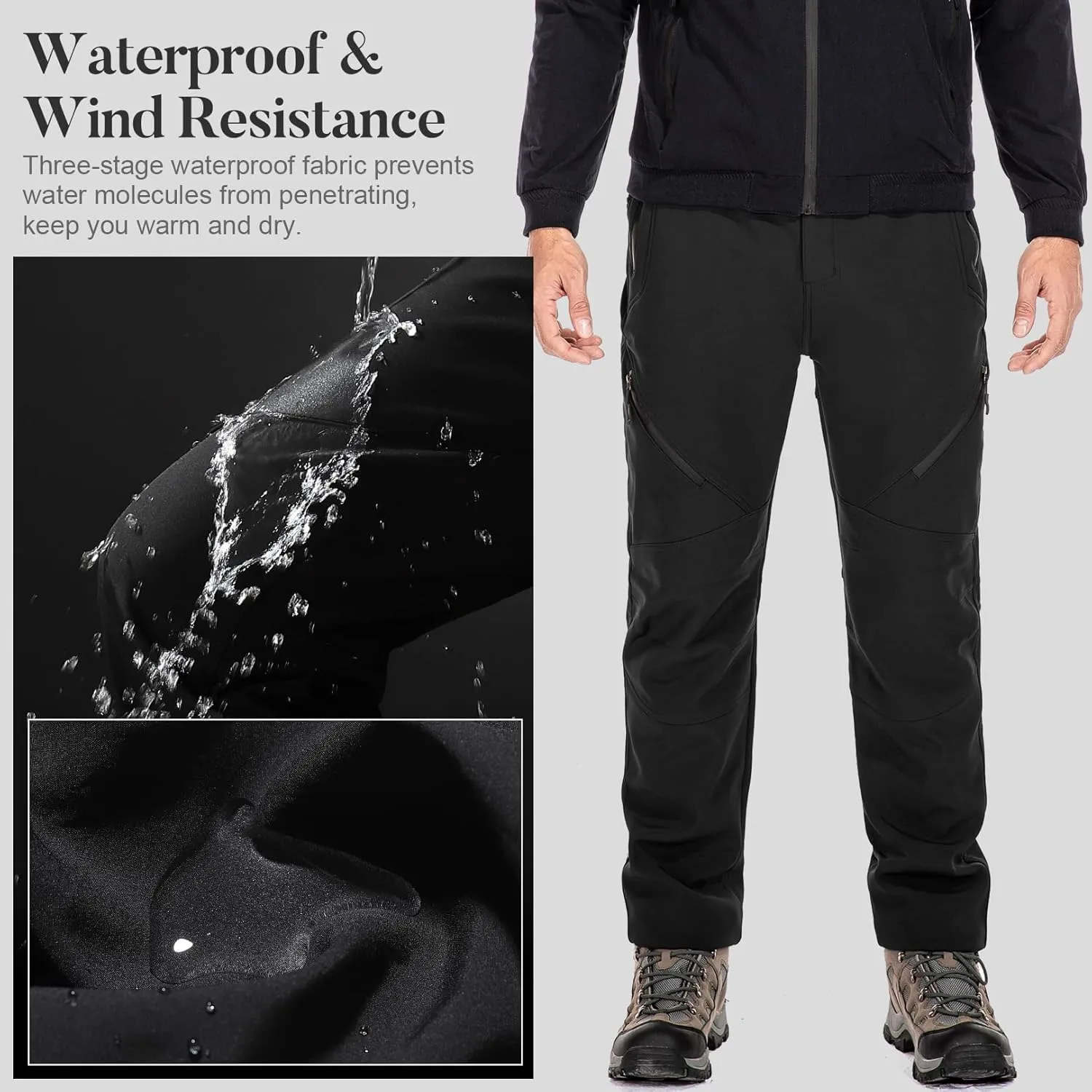 Men's Snow Ski Waterproof Fleece Lined Pants Winter Insulated Outdoor Hiking Mountain Softshell