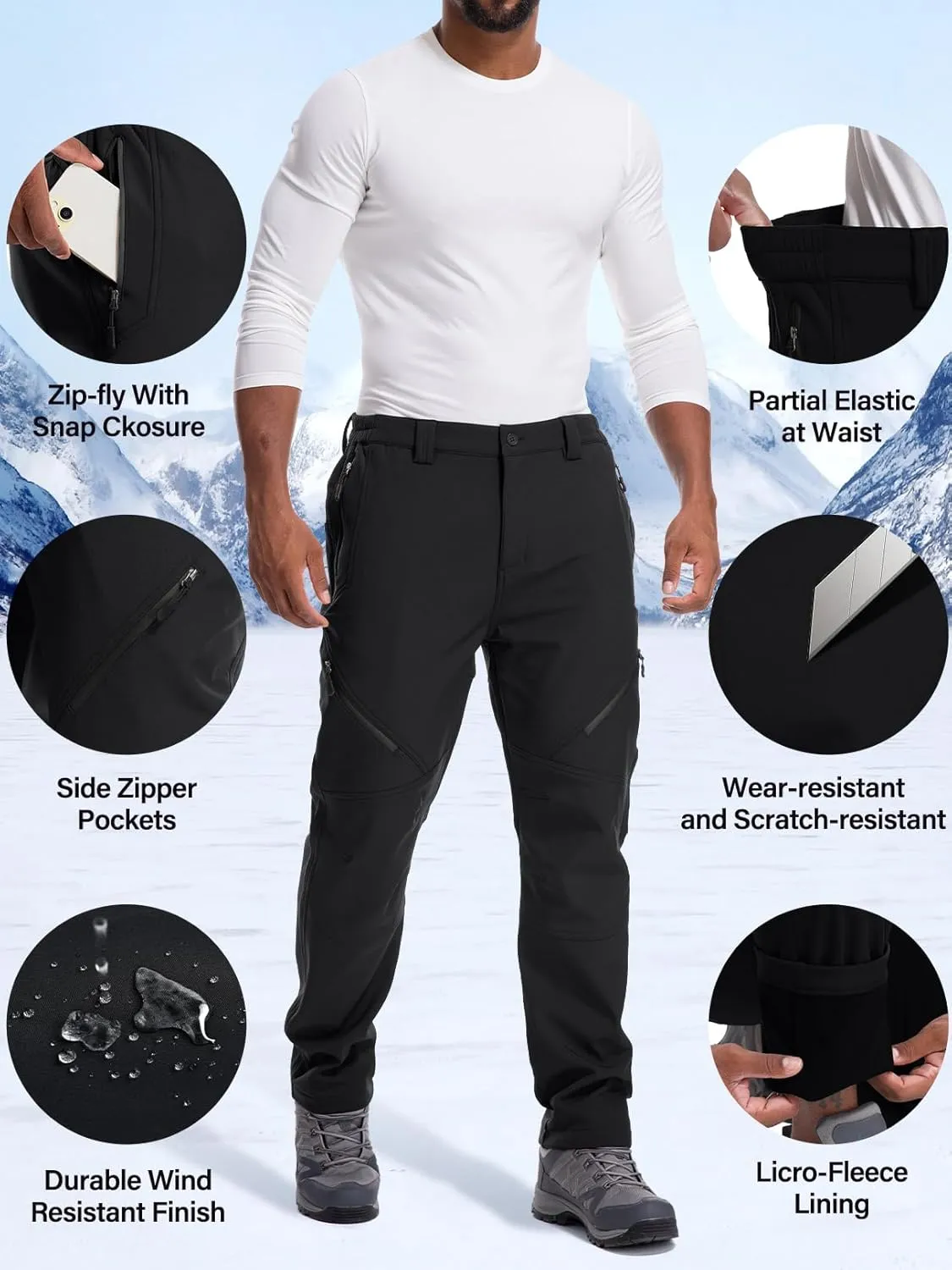 Men's Snow Ski Waterproof Fleece Lined Pants Winter Insulated Outdoor Hiking Mountain Softshell