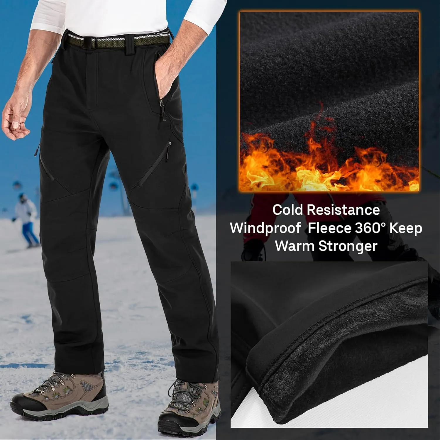 Men's Snow Ski Waterproof Fleece Lined Pants Winter Insulated Outdoor Hiking Mountain Softshell