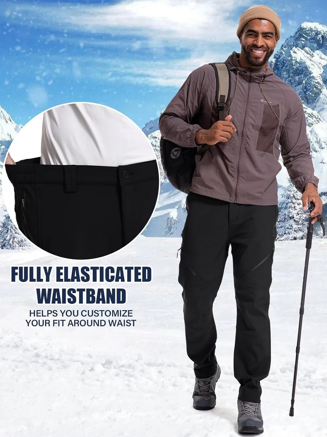 Men's Snow Ski Waterproof Fleece Lined Pants Winter Insulated Outdoor Hiking Mountain Softshell