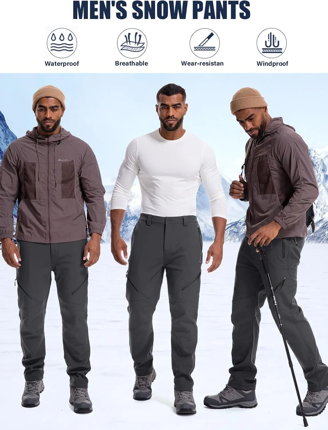 Men's Snow Ski Waterproof Fleece Lined Pants Winter Insulated Outdoor Hiking Mountain Softshell
