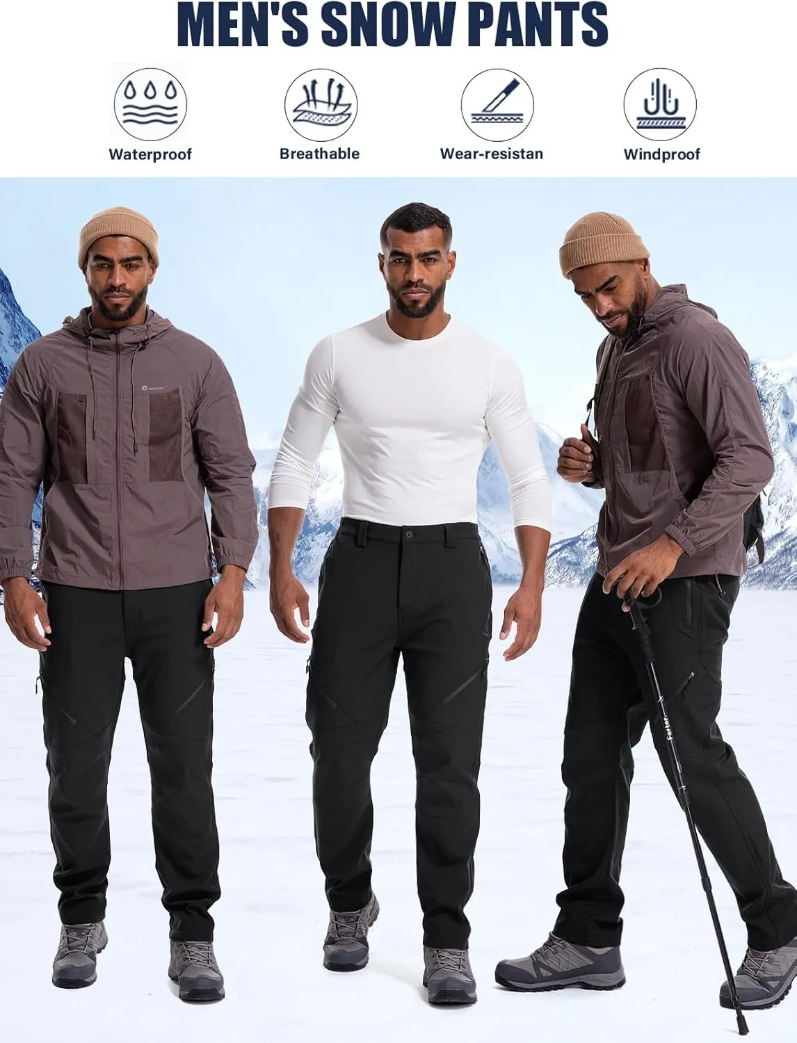 Men's Snow Ski Waterproof Fleece Lined Pants Winter Insulated Outdoor Hiking Mountain Softshell